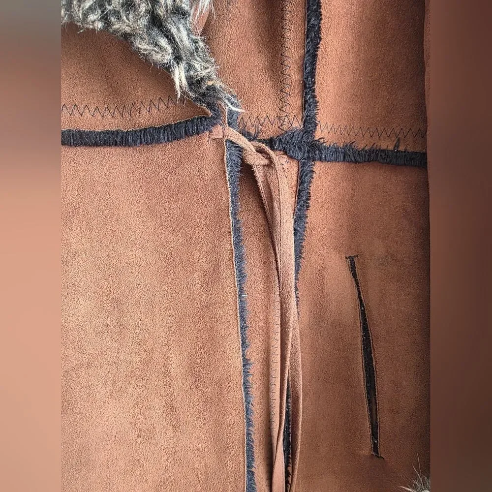 Vtg Brown Faux Suede Fur Hooded Full Length Long Afghan Penny Lane Coat Sz M - Picture 15 of 16